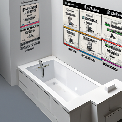 עיבוד תלת מימדי של פריסת חדר אמבטיה, עם תוויות המצביעות על אפשרויות עיצוב שונות ופתרונות חוסכי מקום.