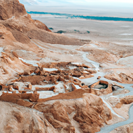 An aerial view of Masada showcasing its strategic location and imposing structure.